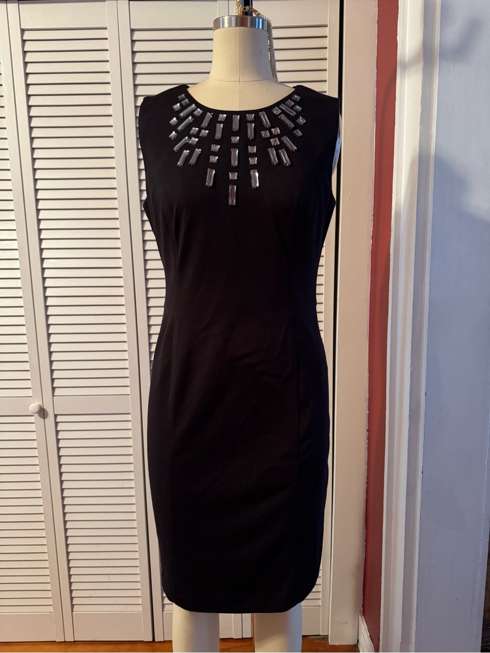Calvin Klein Black Sleeveless Sheath Dress with large rhinestones Neckline